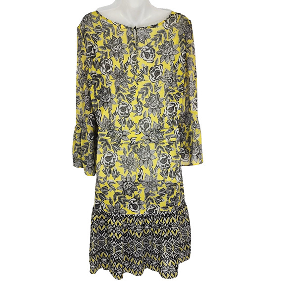 Prelude Women A line Dress 12 Belted Tie Waist Floral Yellow Bell Sleeve Chiffon - Picture 2 of 11